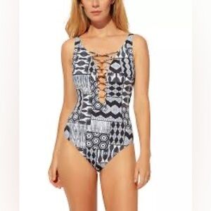 Bleu Rod Beattie Island Time Navy and White Lace Down One Piece Swimsuit 10